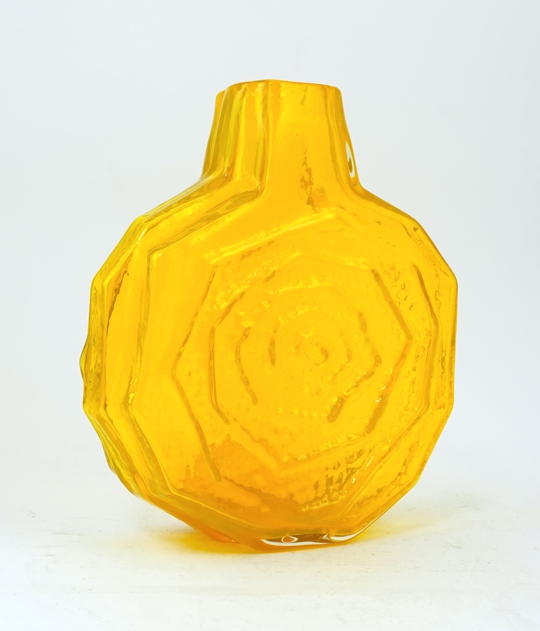 Whitefriars: A rare and possibly unique yellow Textured range 'Banjo' vase designed by Geoffrey Baxter